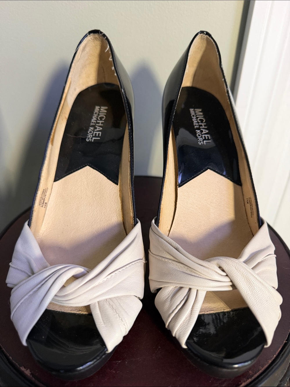 Michael Kors Black Patent & Cream Knot Peep-Toe Heels